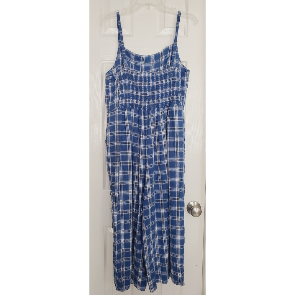 Linen Blend Jumpsuit Blue Plaid Smocked Bodice Sleeveless Wide Leg Crop XL - Picture 5 of 9
